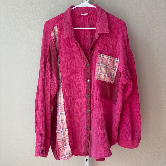 POL Tops - POL Pink Patchwork Gauze Button Up Women's